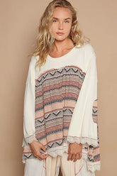 POL Bohemian Geometric Print Long Sleeve Top with Lace Trim OutfitFlow